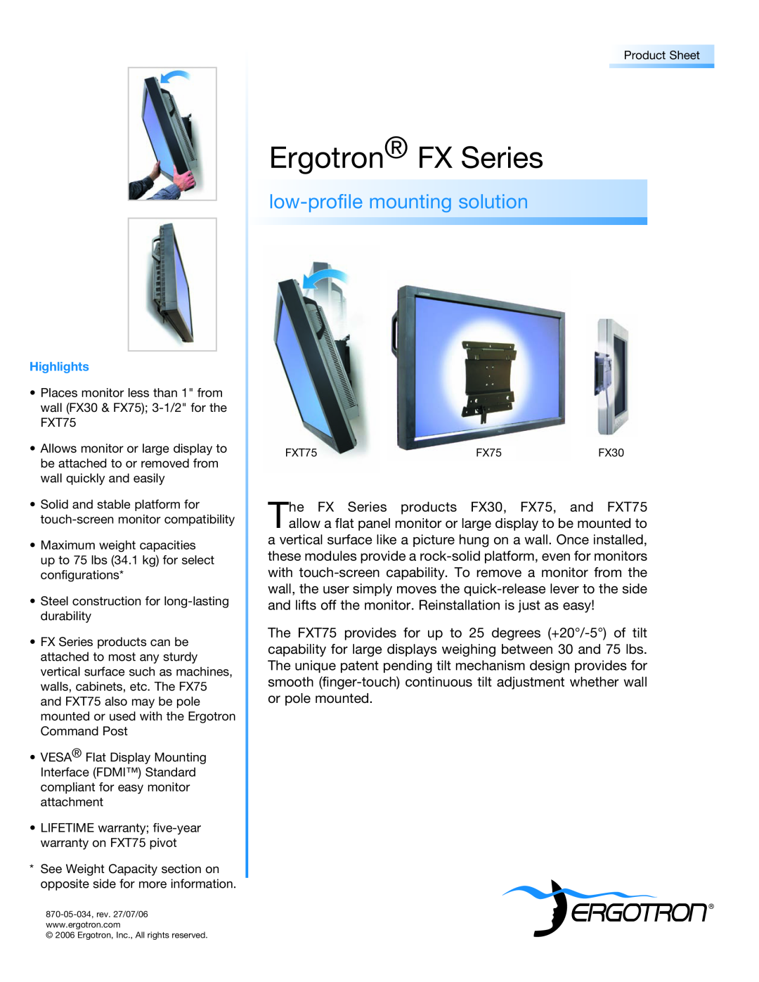 Ergotron FX30, FX75 warranty Ergotron FX Series, low-profilemounting solution 
